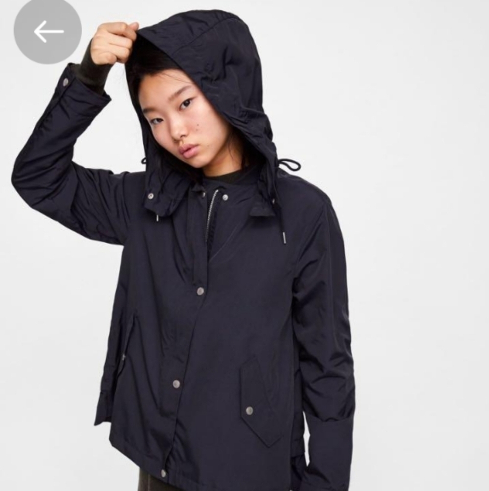 Zara Basic Parka Jacket Black Water Resistant Hooded S